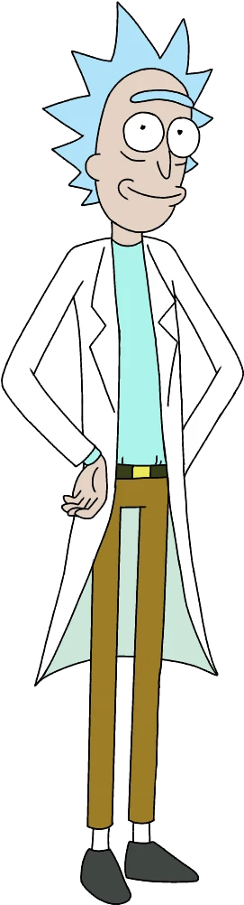Rick Sanchez de jaleco branco, diante de um portal verde do laboratório.